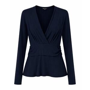 Brooks Brothers Navy Blue Faux Wrap Long Sleeve stretch Peplum Top Blouse Large